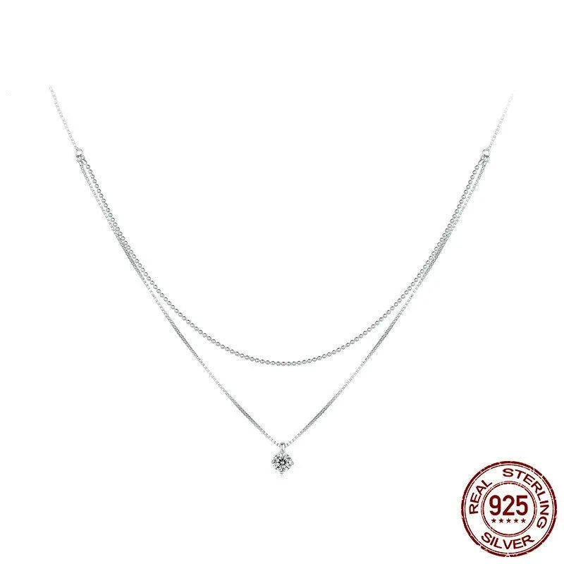 S925 sterling silver double-layer necklace with pearl chain design in silver colour