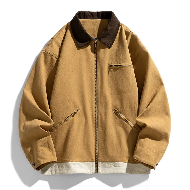 Men's American retro workwear jacket with contrast colour lapels in polyester fabric