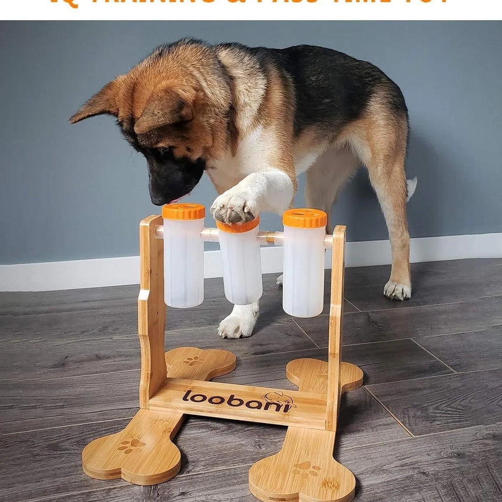 Wooden dog puzzle toy interactive snack dispenser feeder with 31x30x20cm dimensions