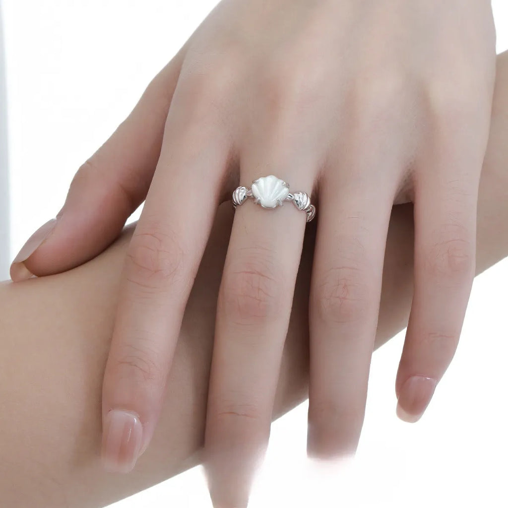 Women's adjustable silver ring with shell tiger eye stone in white gold electroplated finish