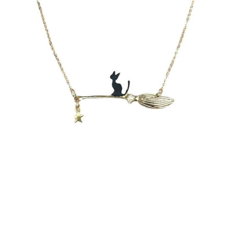 Black cat Halloween necklace pendant with alloy chain in gold and silver colour variations