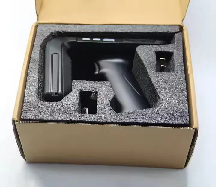 SLP-05 handheld UHF RFID scanner with Android touchscreen and integrated barcode scanner.