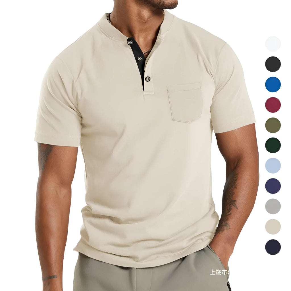 Plus size man wearing a short sleeve solid colour shirt with a button pocket on the sleeve.