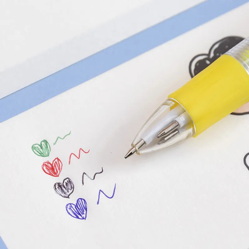 Four-colour press ballpoint pen with cartoon design, showing 0.7mm bullet tip and press-button colour selector.