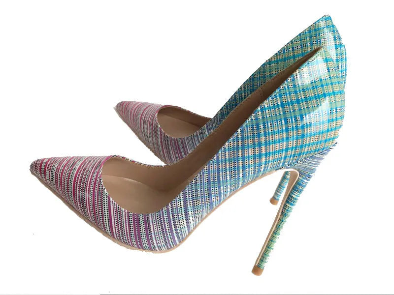 Women's gradient pink and blue patent leather pointed toe high heels with rubber sole