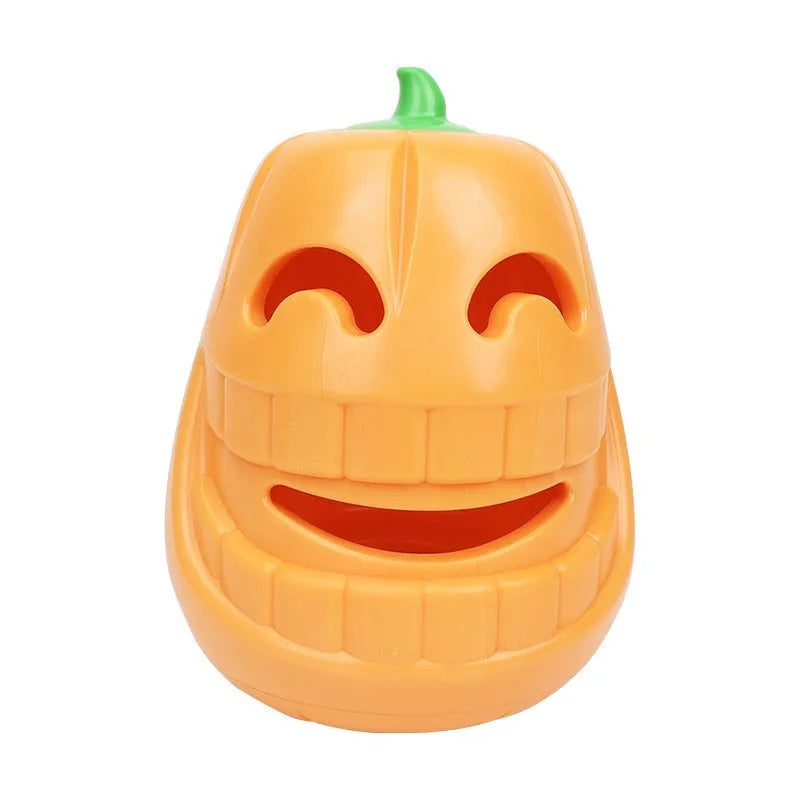 Orange Halloween pumpkin shaped dog chew toy with treat dispensing funnel opening