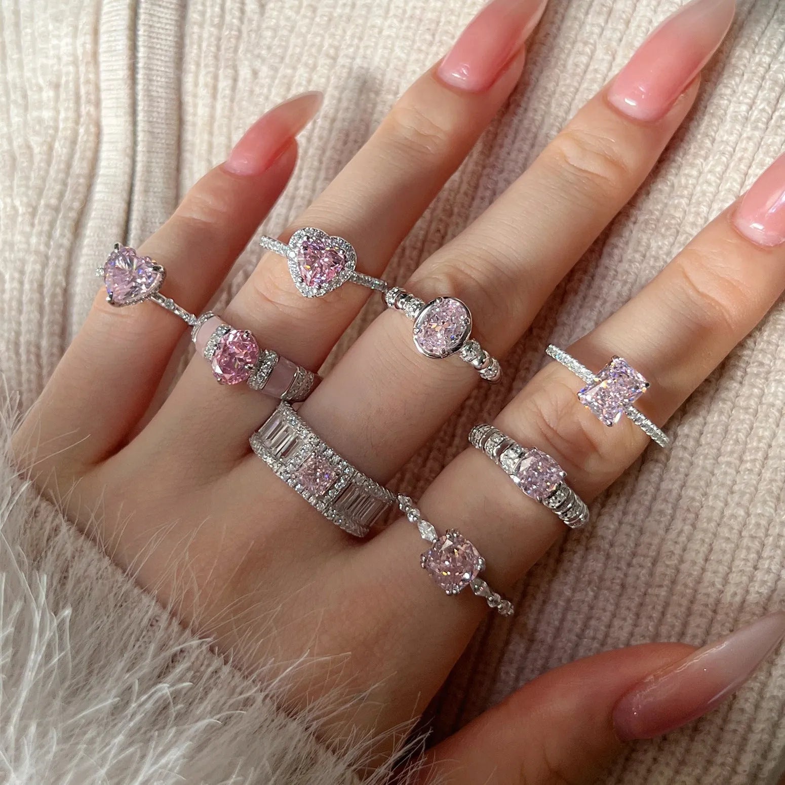 S925 sterling silver ice flower cut zircon inlaid ring with platinum electroplating on white background