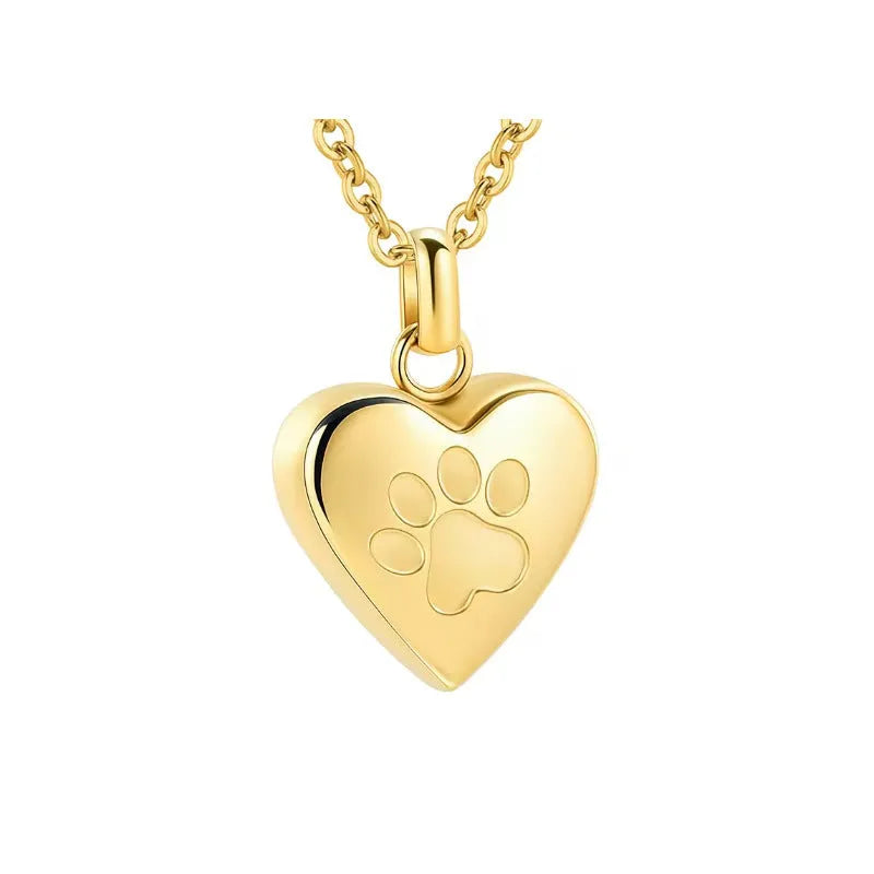 Polished titanium steel heart pendant necklace with love paw print, shown in silver colour.