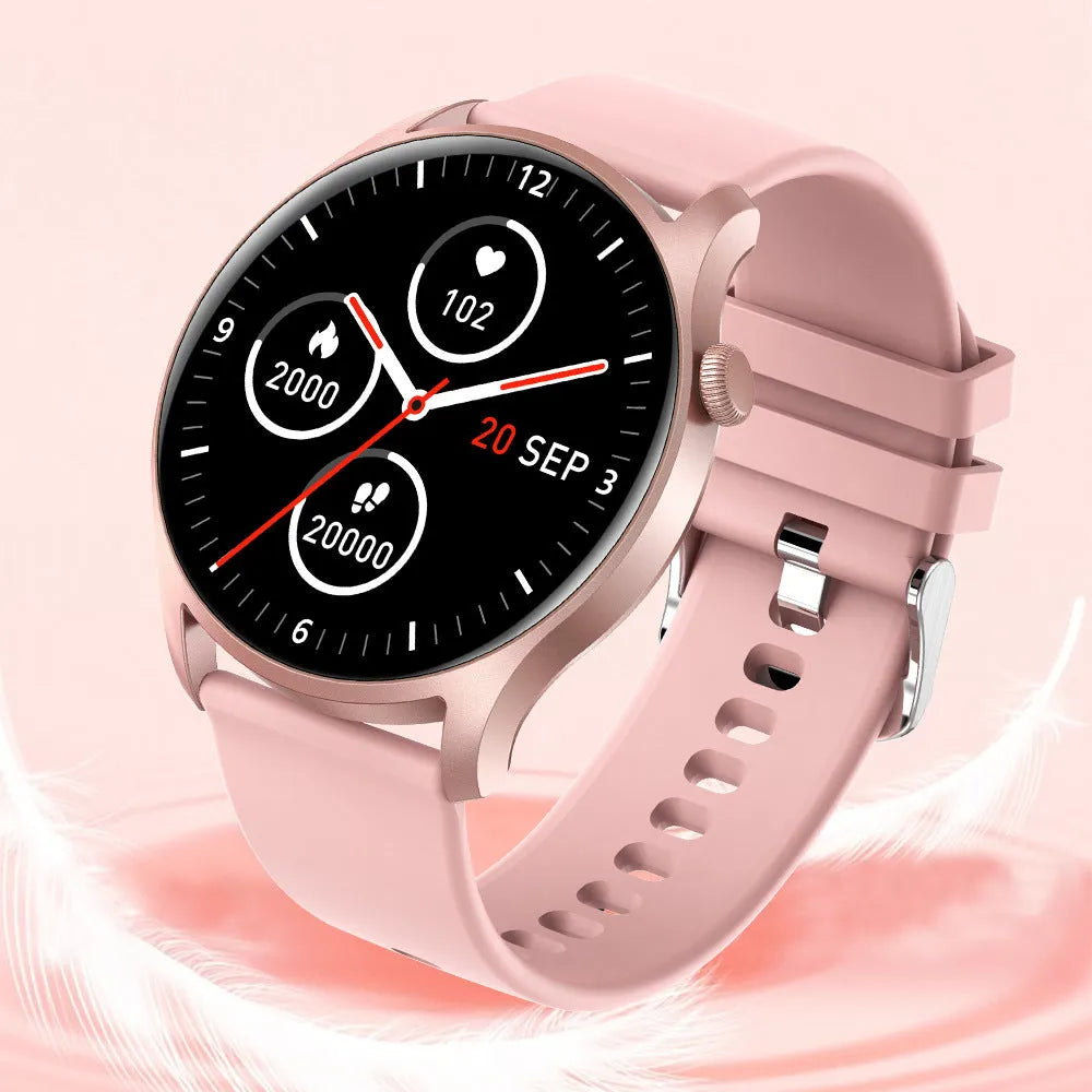 Smart watch with coloured silicone wristband displaying heart rate on its 1.3-inch screen.