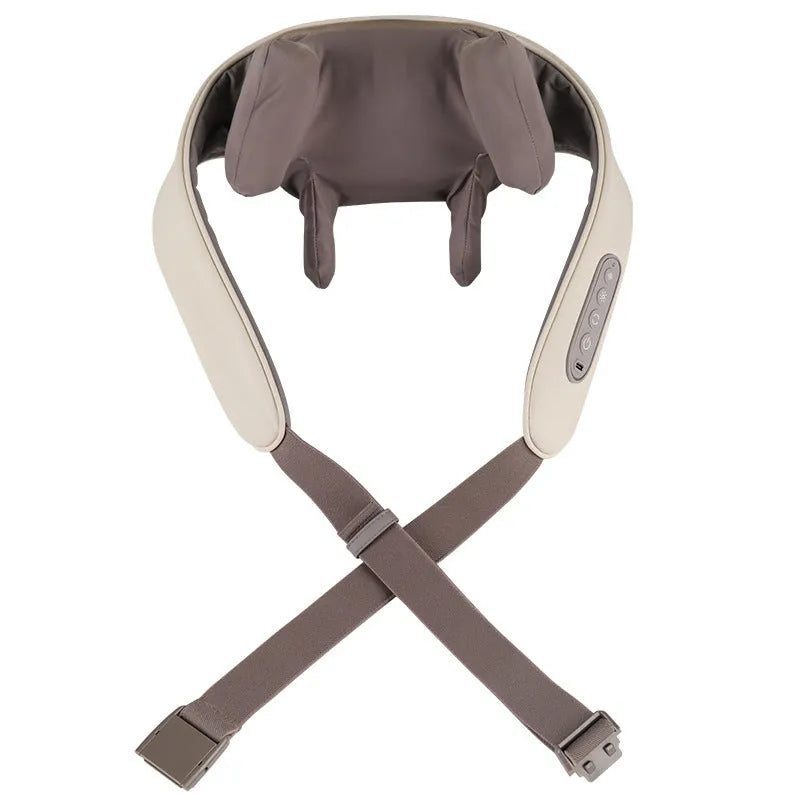 Creamy white rechargeable shoulder and neck massage instrument with USB cable.