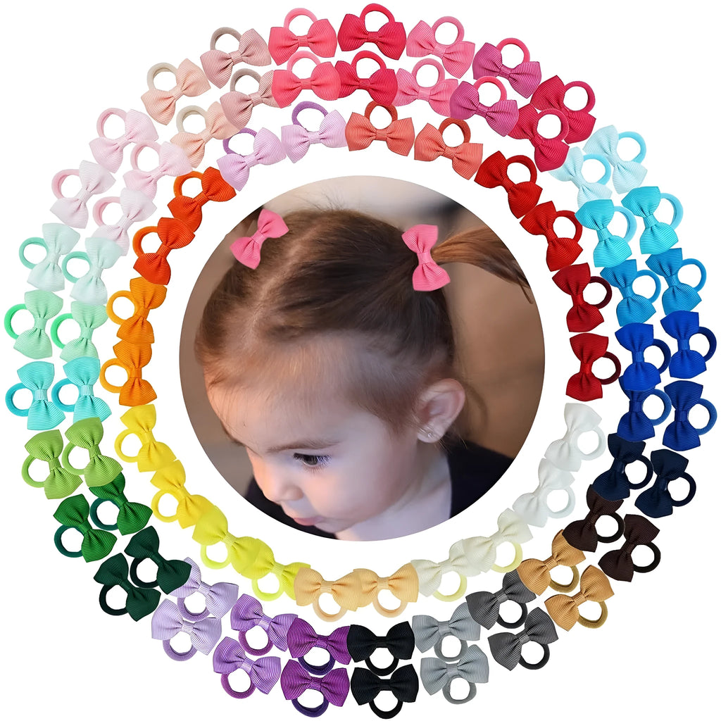 80 tiny baby hair ties with grosgrain ribbon bows in multiple colours for infants and toddlers