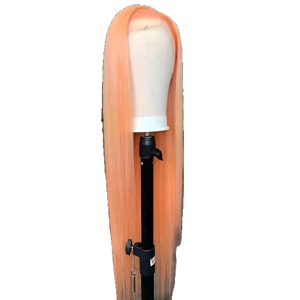 Light orange long straight synthetic wig with front lace and side bangs on a mannequin head.