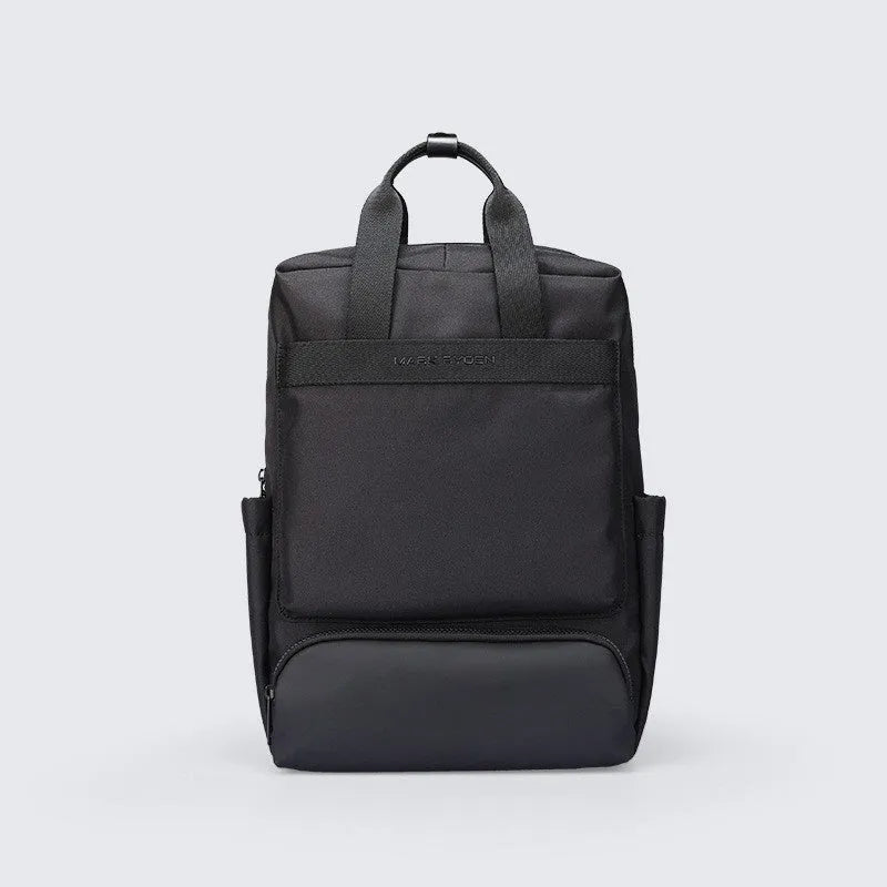 Black Oxford cloth computer backpack with a polyester lining, showing storage compartments.