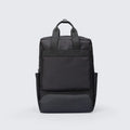 Black Oxford cloth computer backpack with a polyester lining, showing storage compartments.