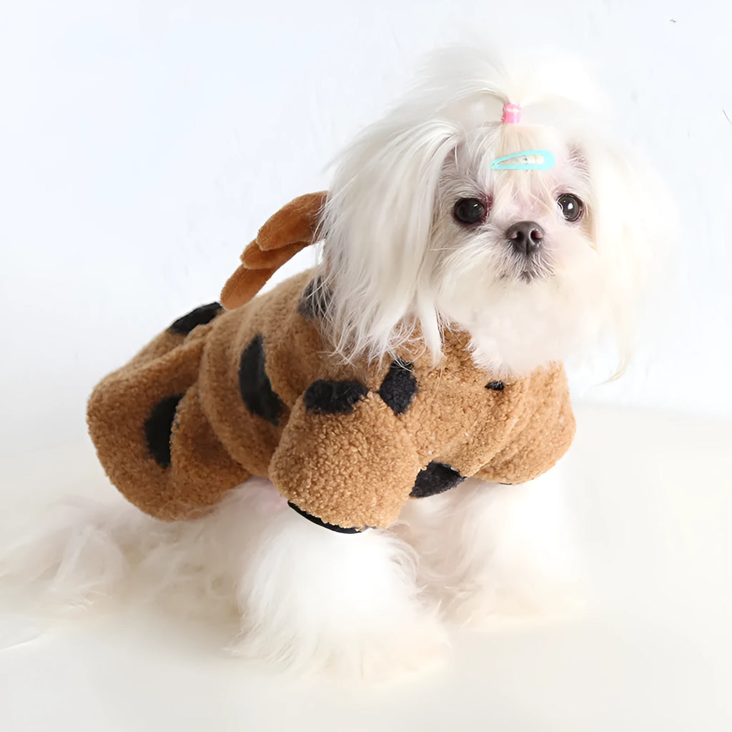 Polka dot elk couple pattern pet clothing for dog or cat, shown in skirt style and four-legged style on mannequin.