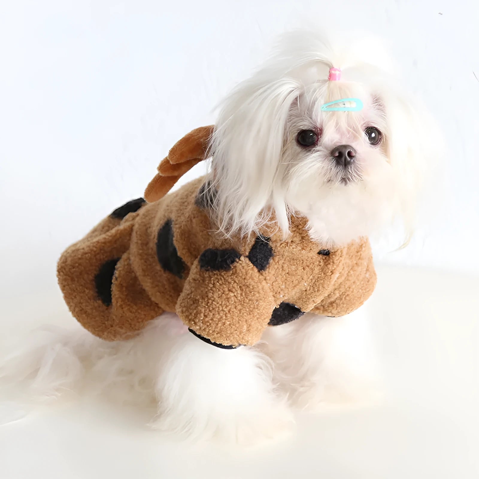 Polka dot elk couple pattern pet clothing for dog or cat, shown in skirt style and four-legged style on mannequin.