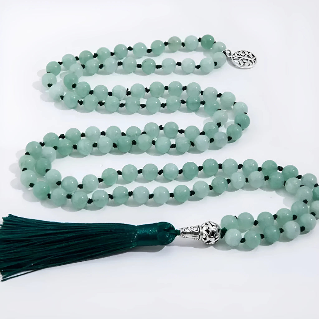 Handmade knotted beaded necklace with 8mm stone beads showing natural colour variations