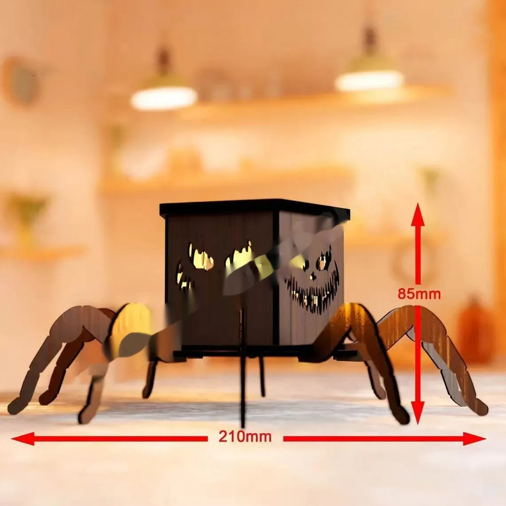 Wooden Halloween spider mini lantern candlestick decoration measuring 21cm by 8.5cm
