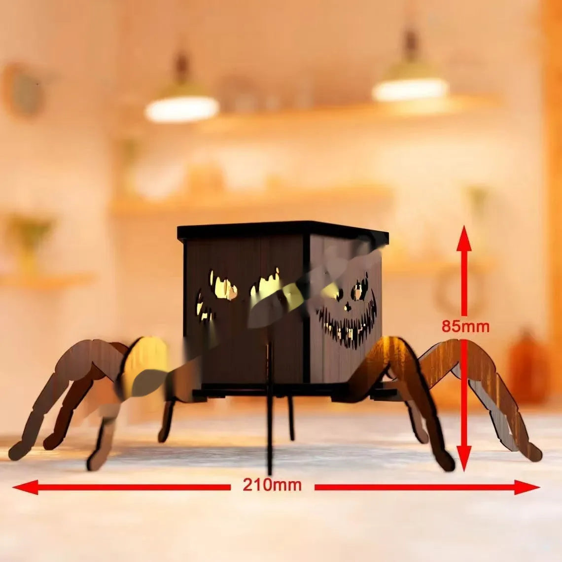 Wooden Halloween spider mini lantern candlestick decoration measuring 21cm by 8.5cm