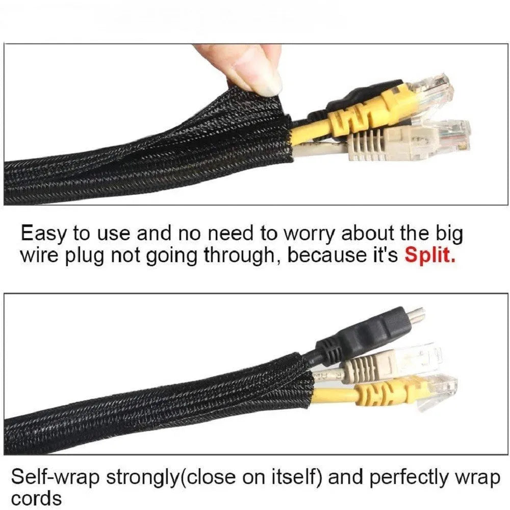 Black self-winding polyester mesh sleeve for automotive wire protection, showing its flexible, tubular construction.