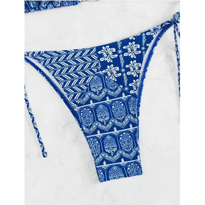 Women's bandage stitch bikini swimsuit in polyester fabric with detailed construction