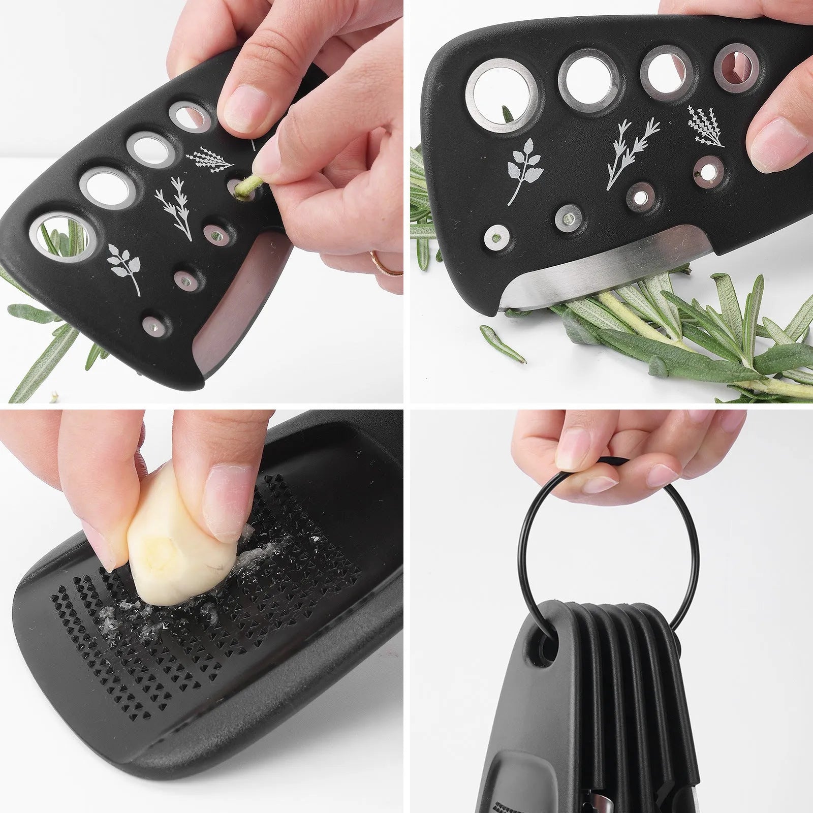 Six kitchen gadgets and brush in colour box, showing stackable stainless steel and PP tools