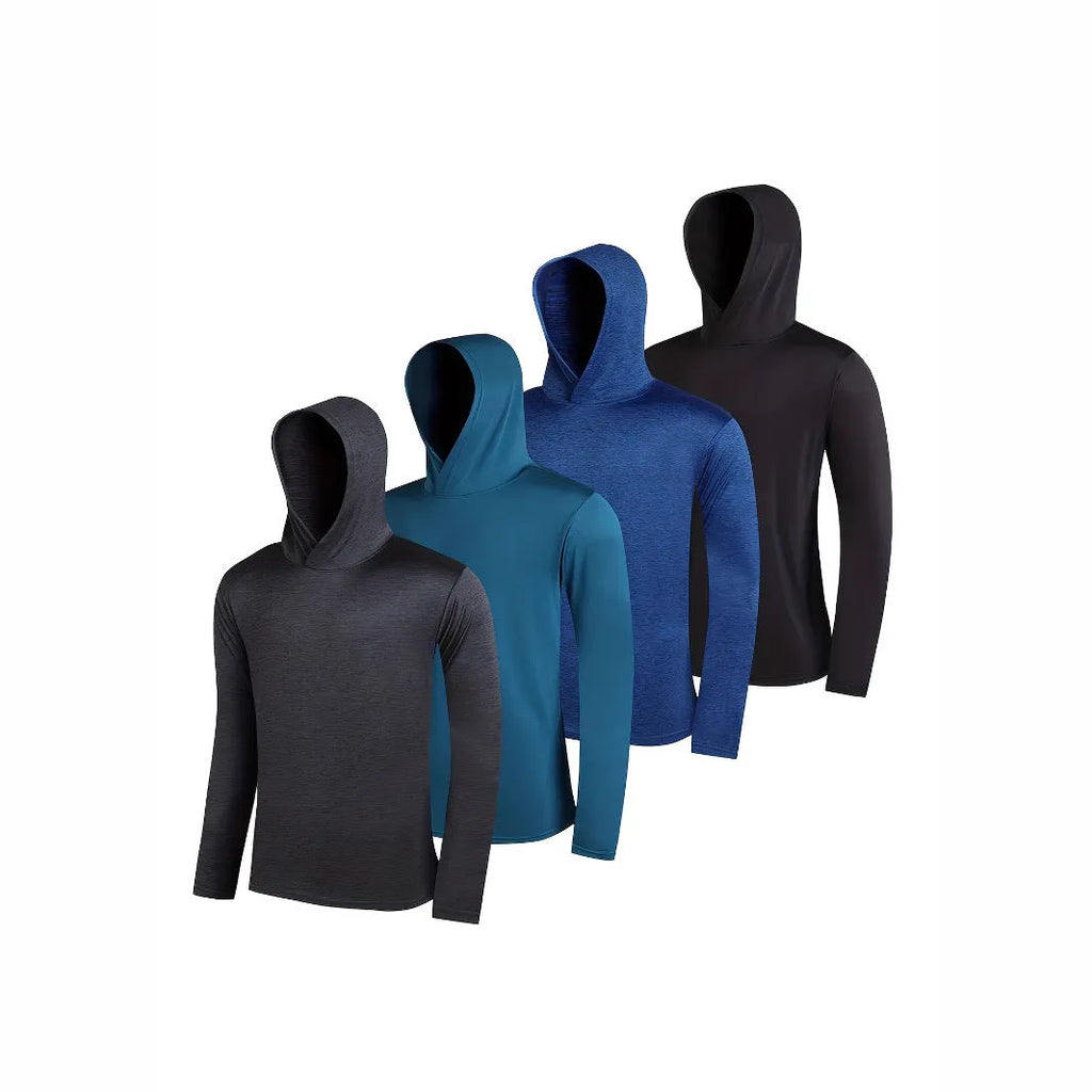 Four men's lightweight hoodies in different colours showing elastic polyester fibre fabric and hooded design