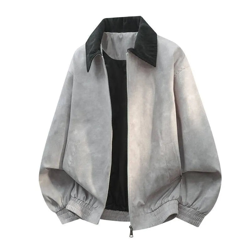 Men's stitching lapel casual jacket in a Lycra and vinyl blend available in multiple colours