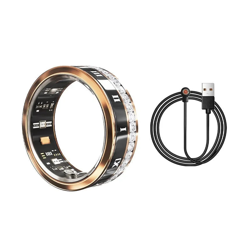 Silver and gold smart ring with diamond inlay on a finger, showing its health monitoring design.