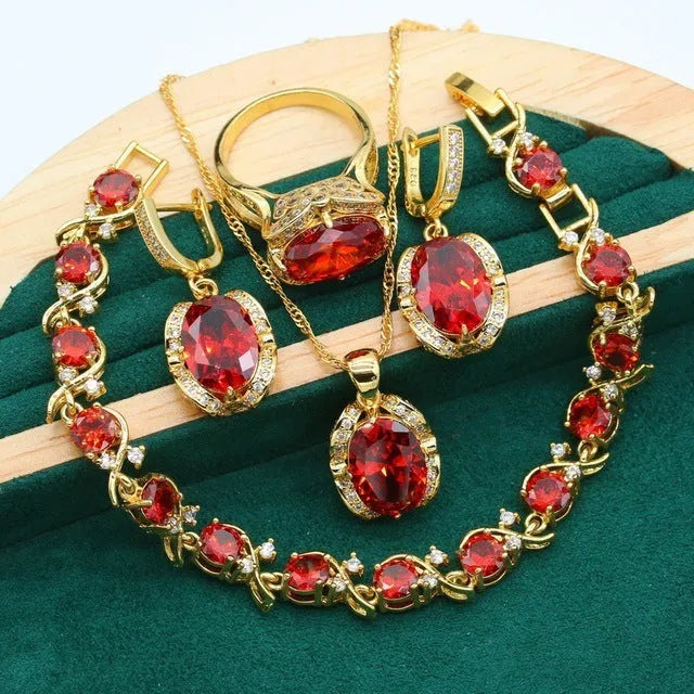 Women's copper rhinestone jewellery set with zircon stones in olive green colour