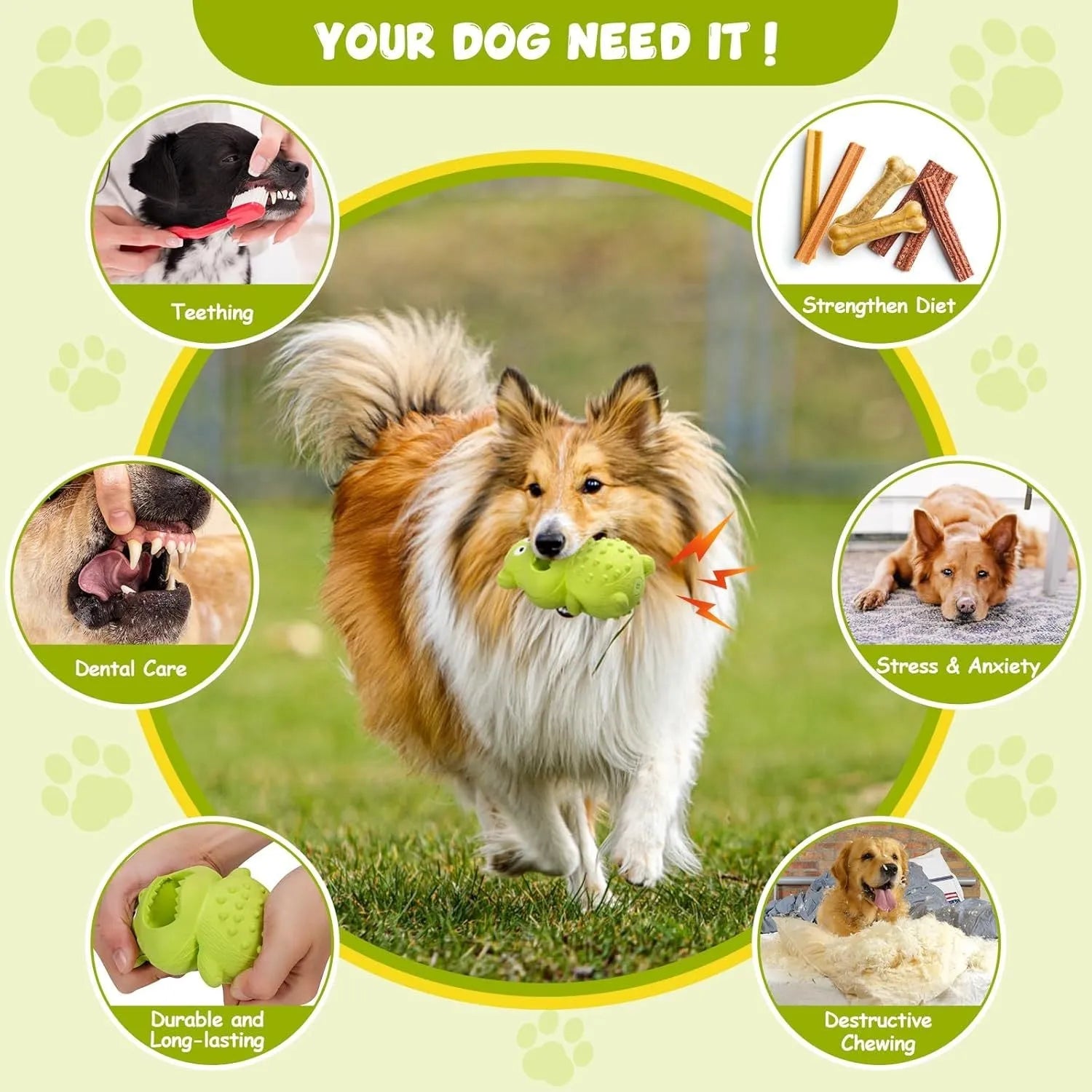 Green and yellow natural rubber dog toy for aggressive chewers with squeaker and treat hole.