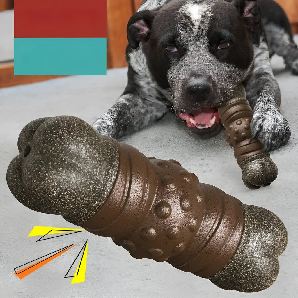 Wood colour dog molar rod chew toy with sounding bone design for dental cleaning