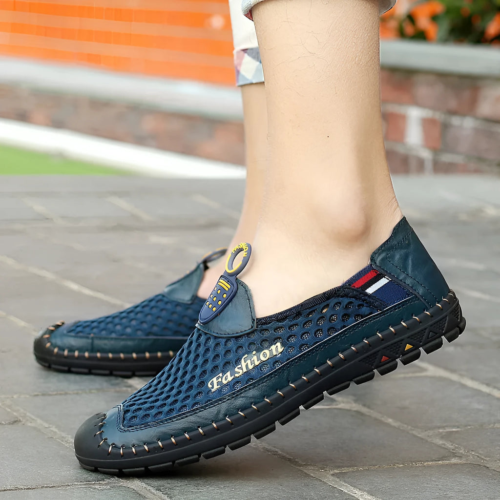 Men's brown casual mesh shoes with round toe and rubber sole