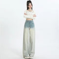 Gradient blue denim straight-leg pants with wide leg style for women