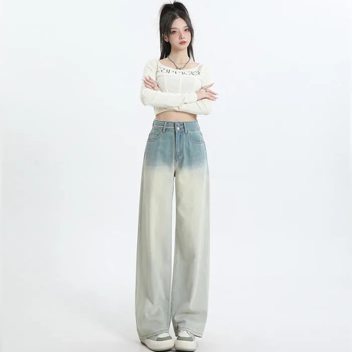 Gradient blue denim straight-leg pants with wide leg style for women