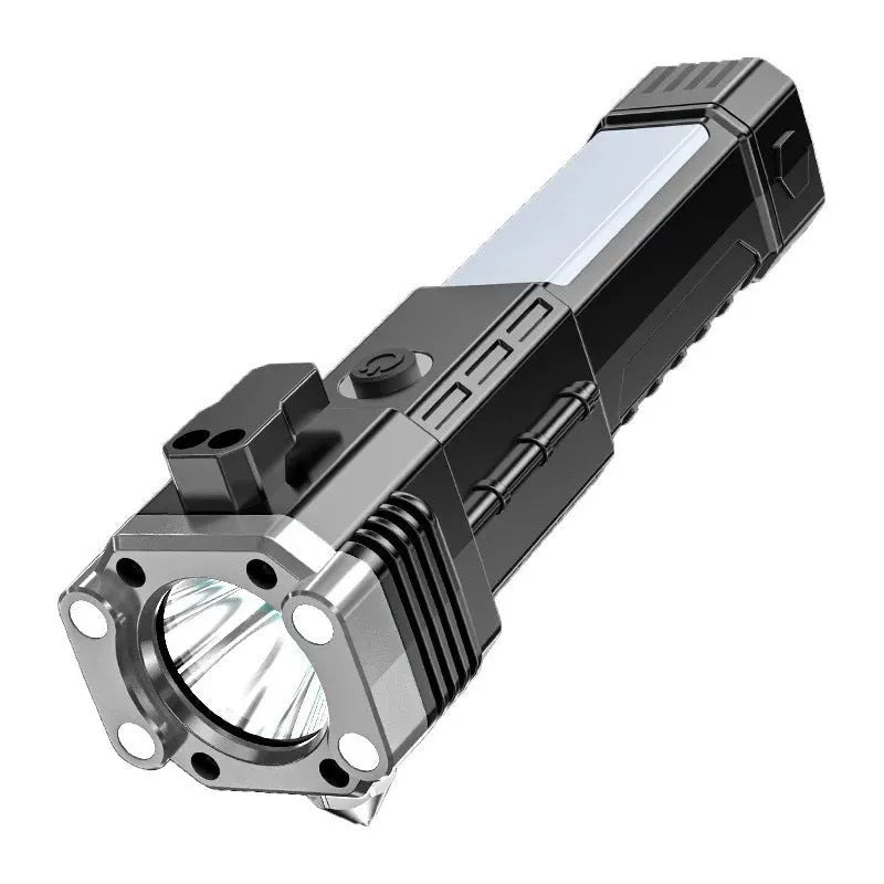 Silver coloured portable LED emergency work light and power bank with strong beam flashlight.