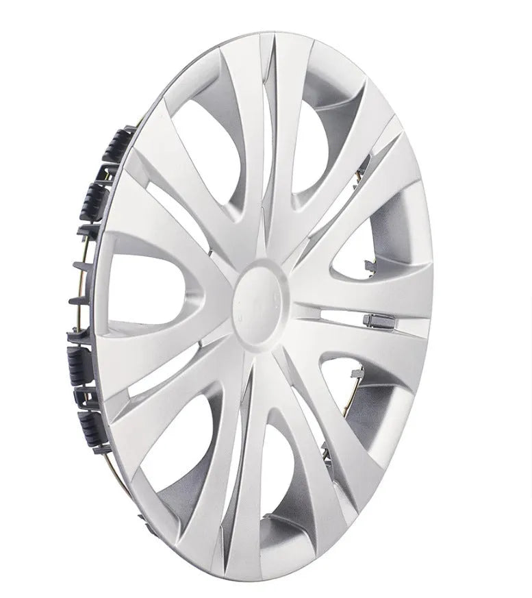 Universal monochrome ABS plastic wheel hub cover in silver finish for a car alloy wheel.