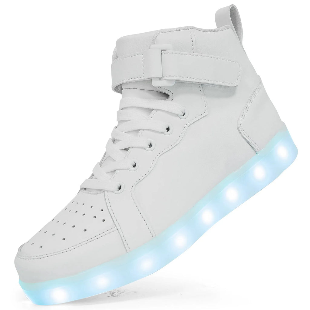 Black LED high-top dance shoes with light-up soles and Velcro strap.