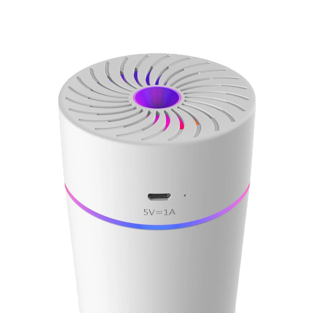 Car USB mini humidifier in black or white with battery or plug-in power options