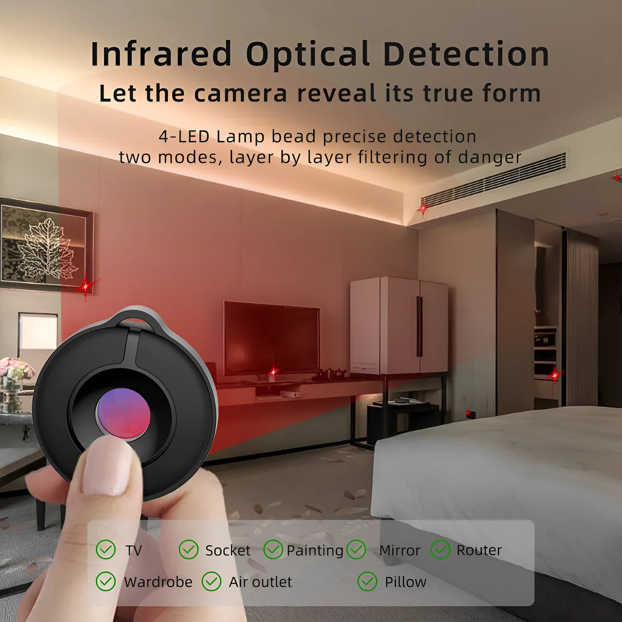 Compact infrared camera detection device for finding hidden surveillance cameras with 5 metre range