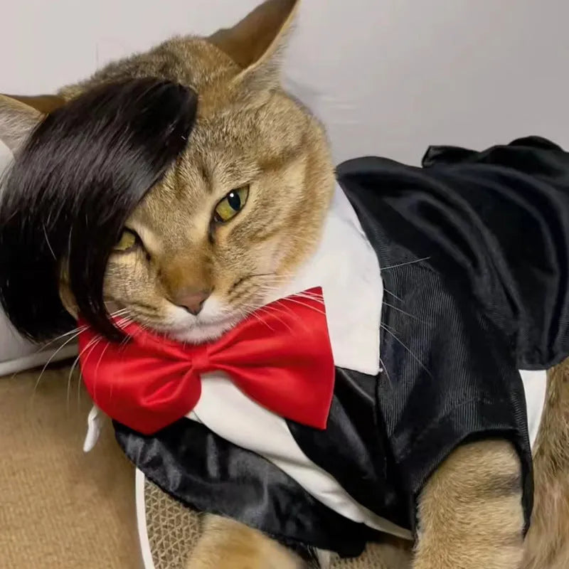 Black fox wig for cats with imitation braid detailing, made from lightweight polyester