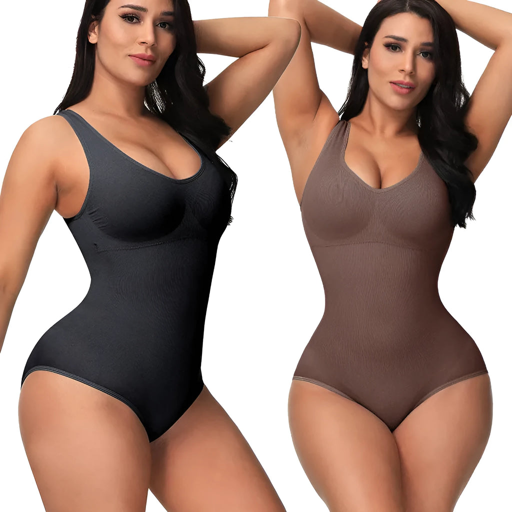 Seamless nylon bodysuit for women in apricot colour with waist support design
