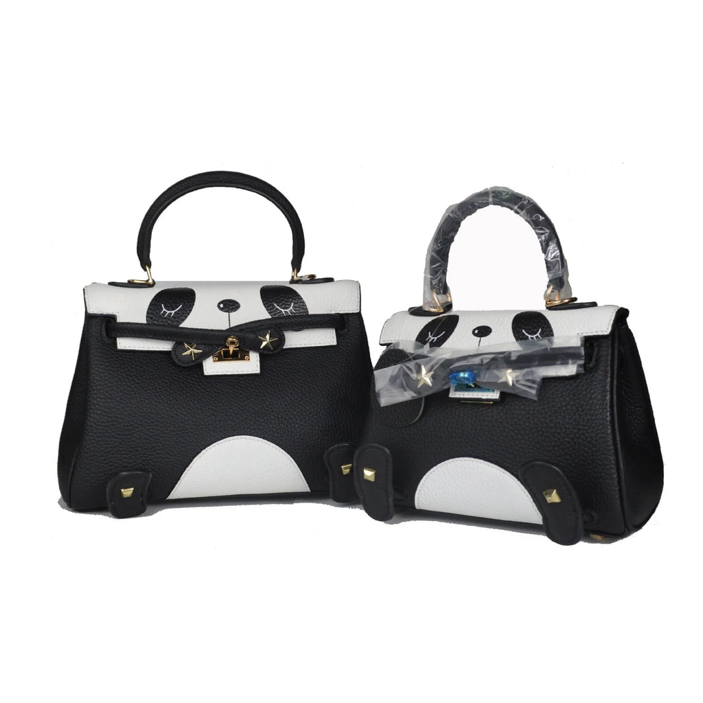 Panda print handbag in genuine cowhide leather with horizontal square shape and sweet lady styling