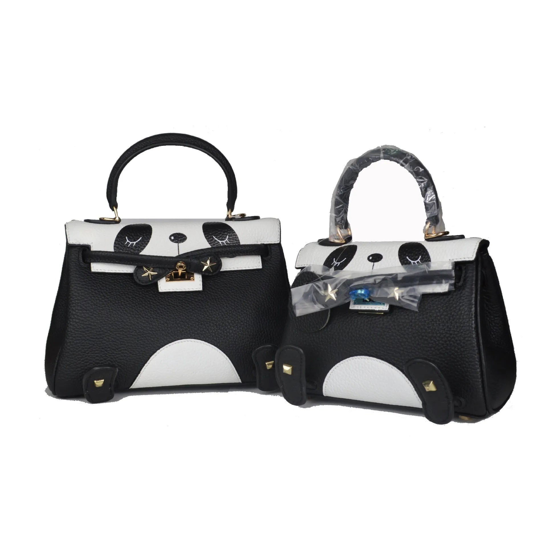 Panda print handbag in genuine cowhide leather with horizontal square shape and sweet lady styling