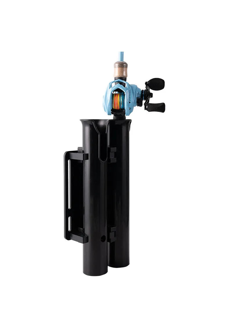 Carbon fibre fishing rod rack with double-layer plastic cradle mounted on bicycle handlebars