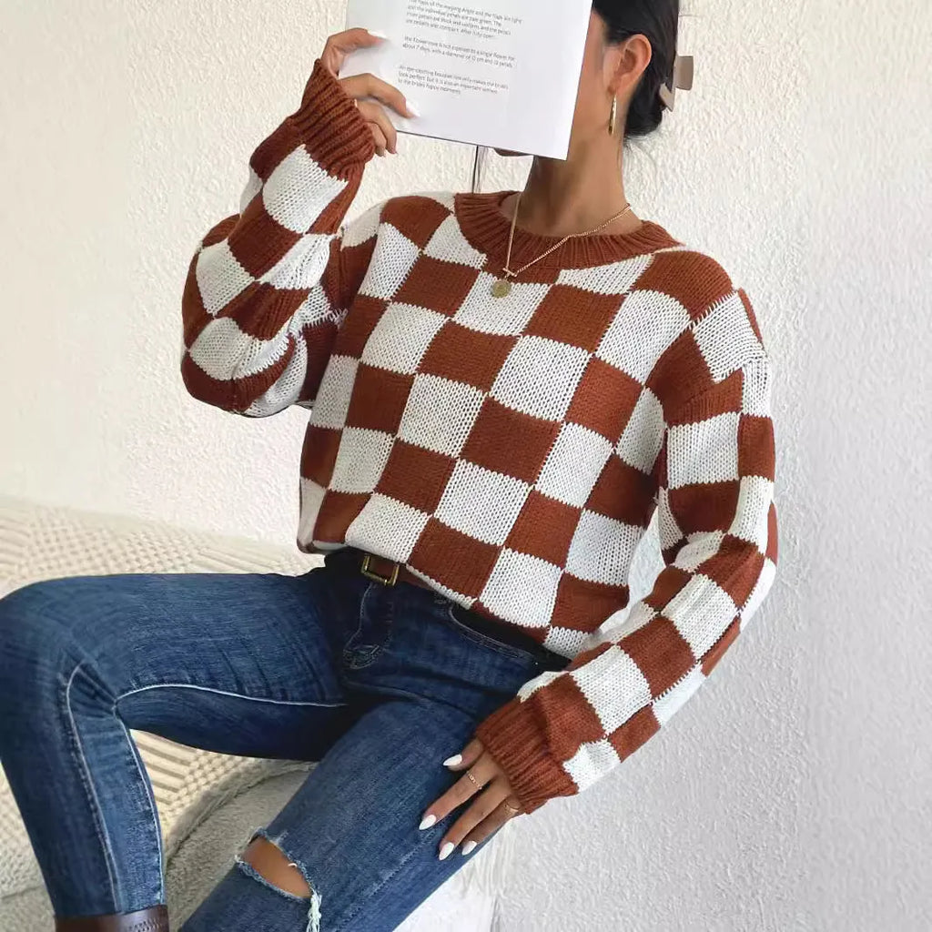 Dark brown plaid pattern loose fit acrylic pullover sweater with round neck and long sleeves
