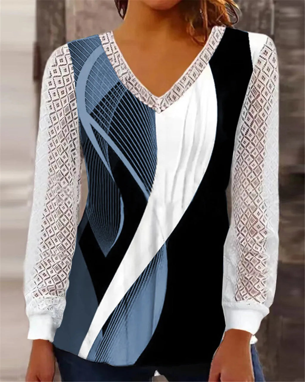 Women's purple V-neck loose pullover top with hollow-out lace detailing and long sleeves