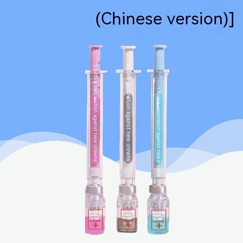 Vaccine design gel pen with black 0.5mm needle point refill and plastic construction