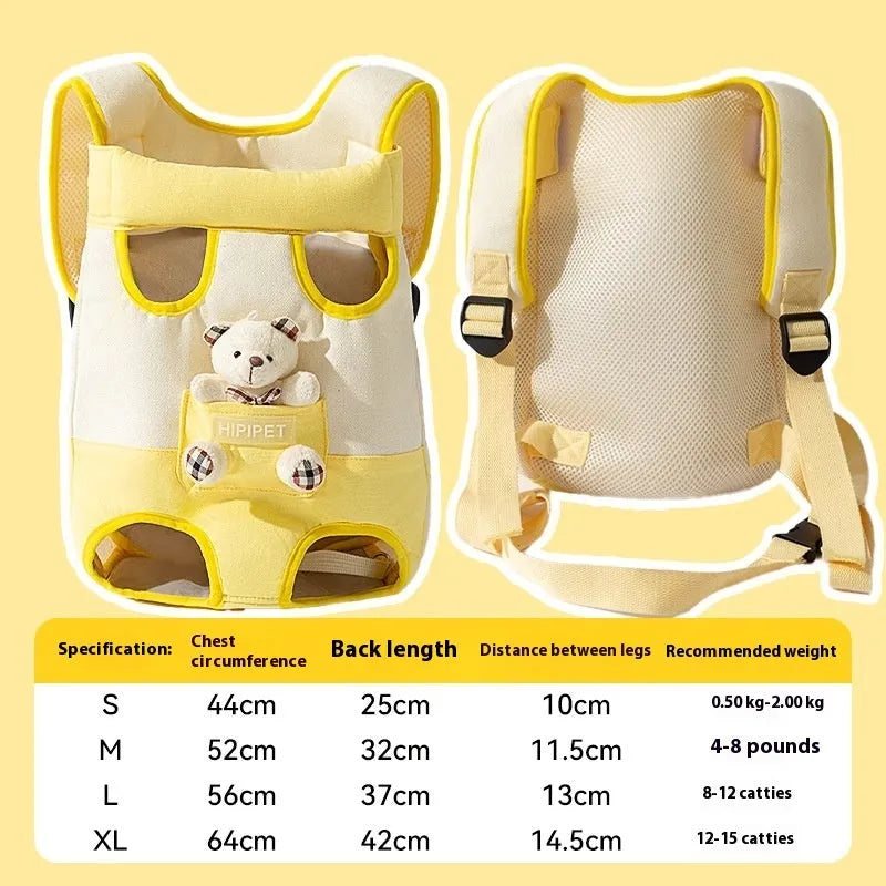 Soft cartoon animal design pet chest bag in canvas, shown in multiple colour stitching options.