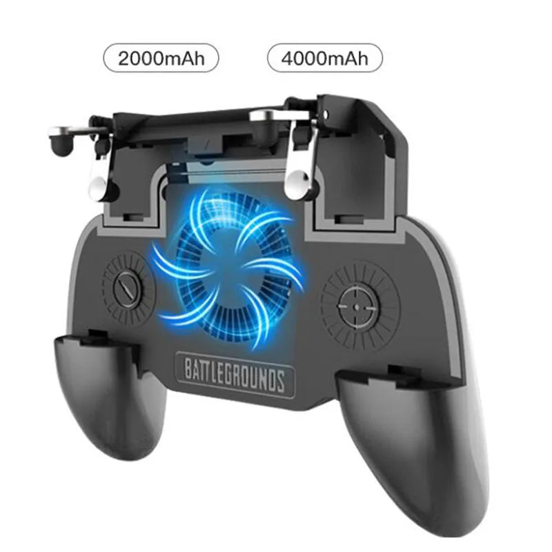 Black mobile game controller with USB cable, aluminium alloy trim, and labelled grip and shot buttons.